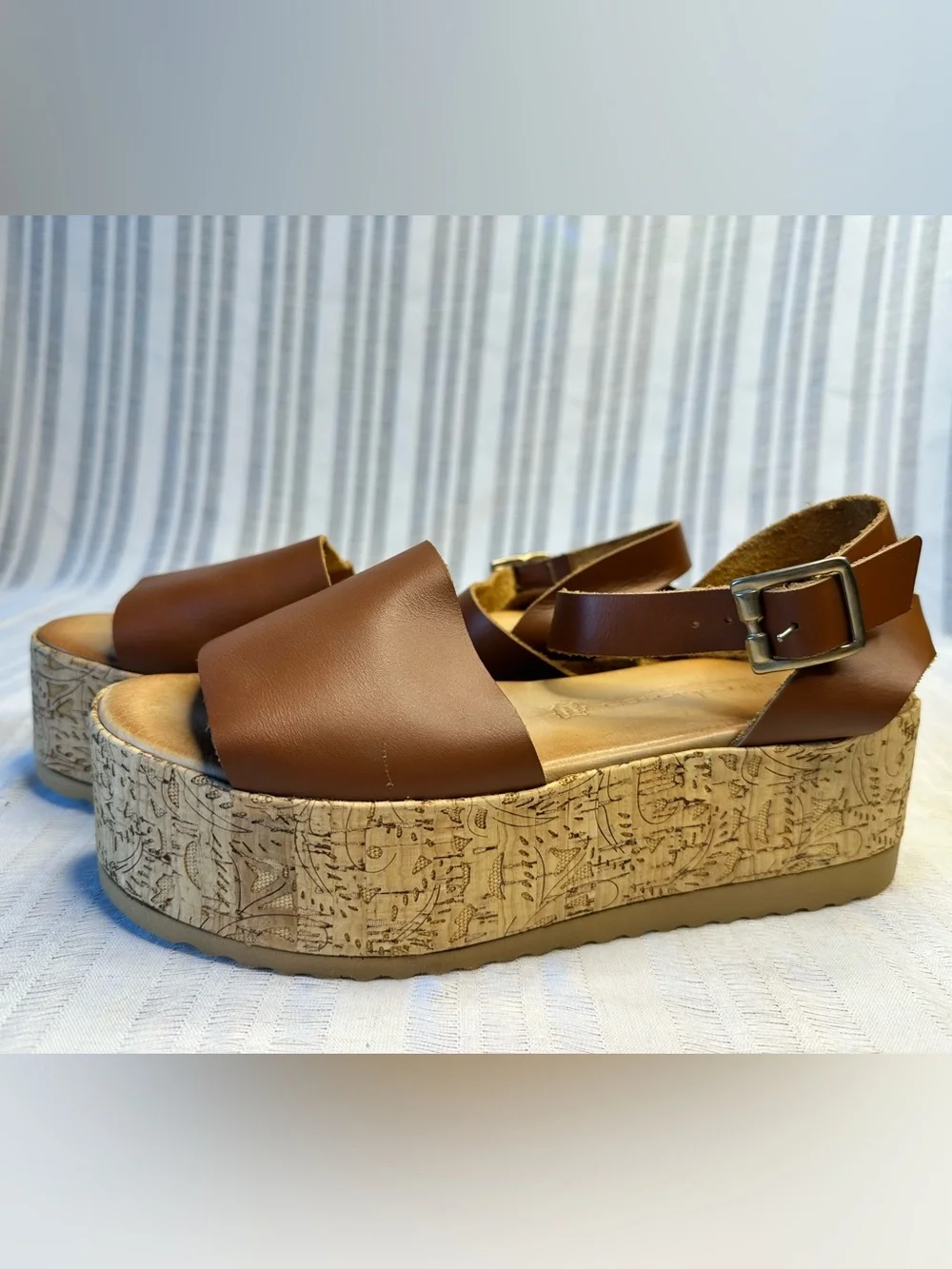 European Leather Embossed Cork Platform Sandals